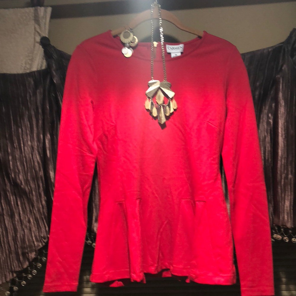 Red peplum top.